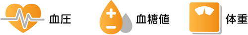 血圧、血糖値、体重、食事、運動、くすり、行動目標、検査値、血管年齢